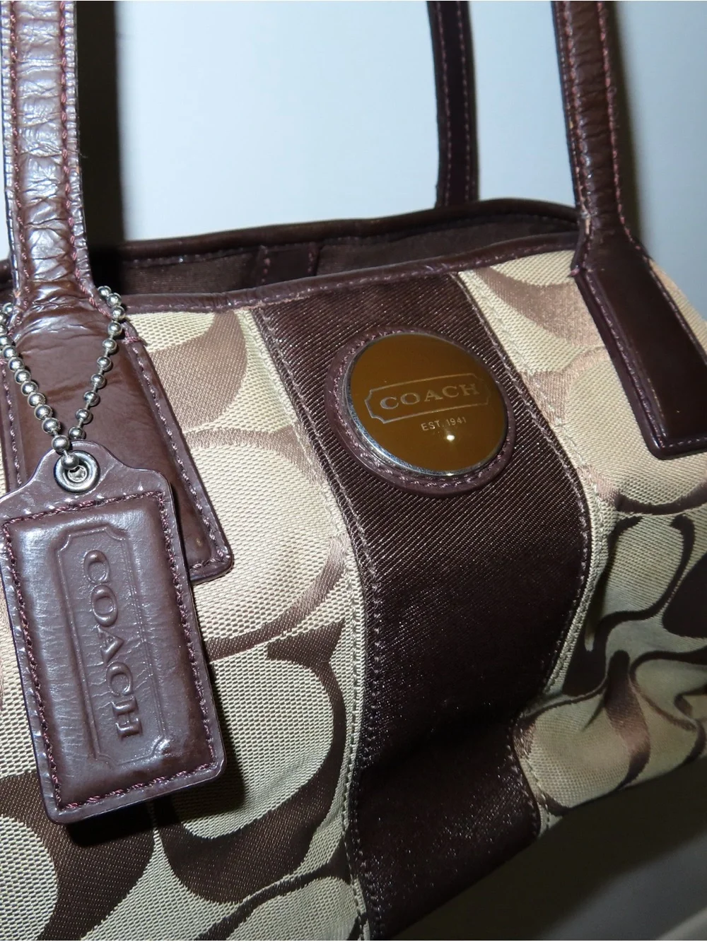Coach Brown and Beige Signature Canvas Shoulder Bag